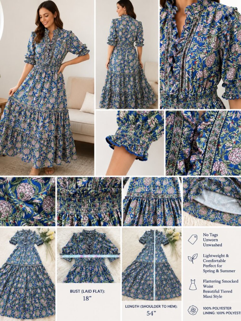 Max Studio London Floral Maxi Dress Blue Green Boho Tiered Ruffle Smocked Waist - Picture 5 of 6